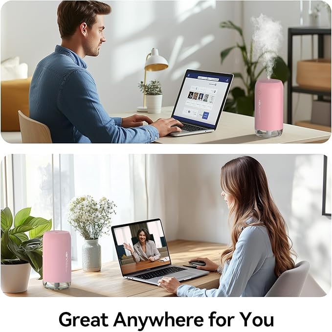 Portable Mini Humidifier, Small Cool Mist Humidifiers 350ml Quiet USB Personal Desktop Air Humidifier for Bedroom Home Plants Car Baby indoor Office with 2 Mist Modes Auto Shut-off（Pink)