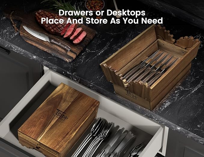 Steak Knives Set of 6 with Drawer Organizer, 4.8 Inch High Carbon Japanese Style Non Serrated Meat Knife with Wood Handle, Damascus Pattern Full Tang Design, Razor Sharp Dinner Knives