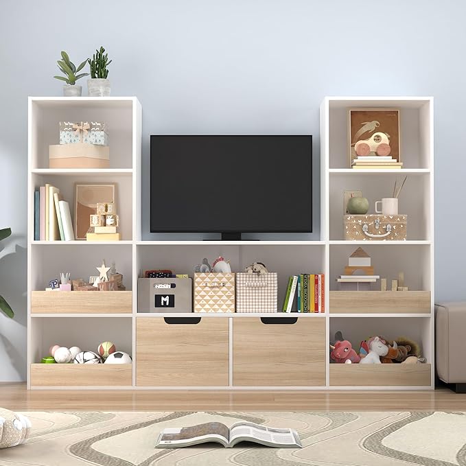 Toy Organizer and Nursery Bookshelf, 4-Tier Wooden Kids Bookcase with Storage Bins, Playroom Storage Rack for Toys and Books, Toy Storage Organizer for Playroom, Nursery, Classroom, Oak & White