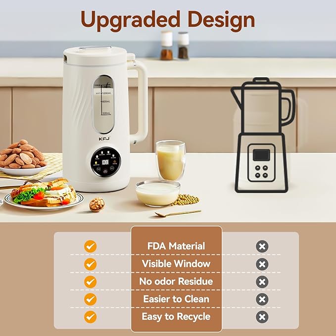 KFJ 8 in 1 Nut Milk Maker Machine, 41oz Homemade Coconut, Soy, Oat, Almond, Plant Based Milks and Non-Dairy Beverages with Delay Start/Boil Water/Self-Cleaning, White