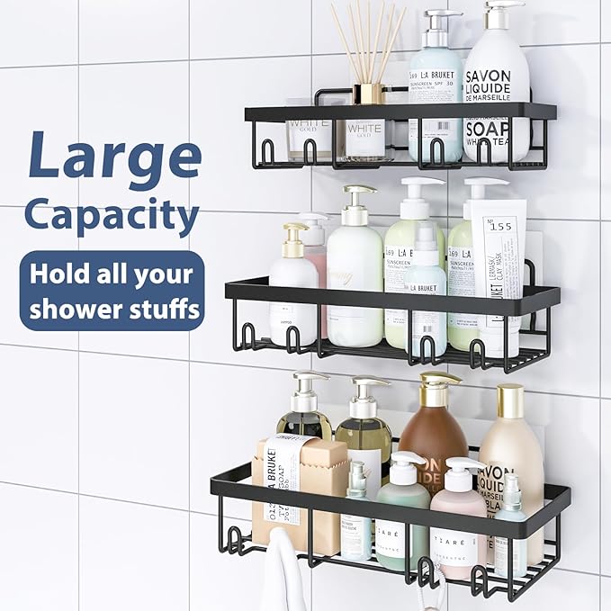 5 Pack Shower Caddy Organizer Rack Shelf for Inside Shower, Adhesive Bathroom Wall Storage Basket Rustproof Stainless Steel Shampoo Holder, Bathroom Accessory Decor Set, Black