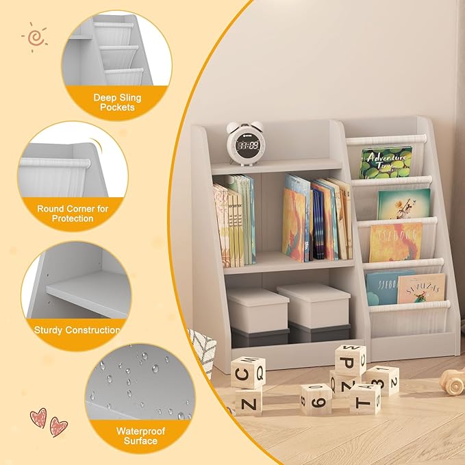 Gray Nursery Bookshelf for Kids 3 Tier Wood Shelf 4 Sling Baby Toddler Bookcase Book Rack with Adjustable Shelf for Boy Girl’s Gift Bedroom Playroom Nursery Classroom Church Kindergarten