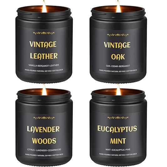 Scented Candles for Men, 4 Pack Mens Candle Set, Soy Candles for Home Scented, Masculine Candle for Him, 28oz, 200 Hours Burning Time Aromatherapy Candles of Lavender/Eucalyptus/Leather/Oak