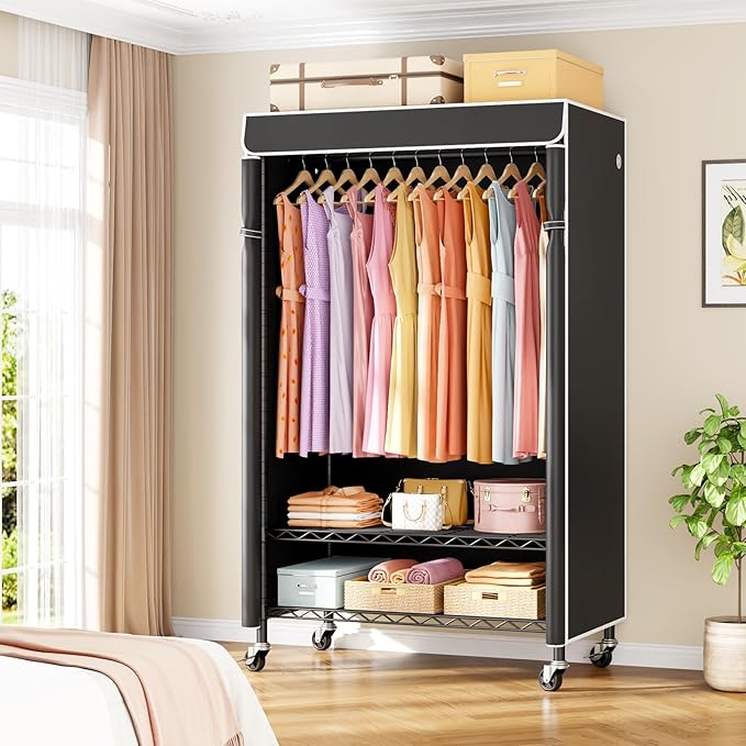 P6C Rolling Clothes Rack with Cover, Covered Clothing Racks Heavy Duty, Portable Closet for Hanging Clothes, Garment Racks on Wheels, Black Closet Rack with Black Cover, Max Load 365LBS