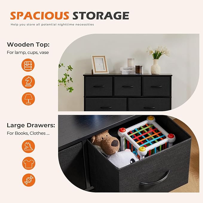 Sweetcrispy Dresser with 9 Drawers for Bedroom, Fabric Dresser Storage Tower, Chest of Drawers Organizer Unit, Storage Cabinet for Hallway, Closets, Steel Frame, Wood Top