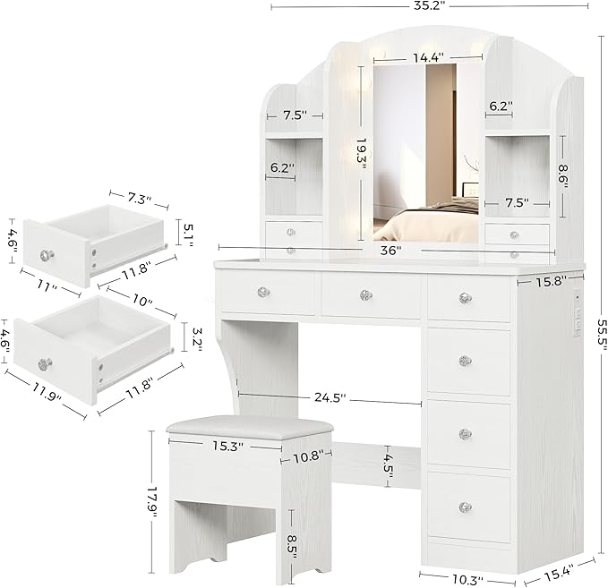 IRONCK Vanity Desk with Mirror and Lights, Makeup Vanity Table with 10 Drawers, Jewelry Organizer, Power Outlet, Storage Stool, and 3 Lighting Colors, White Vanity for Women Girls Bedroom