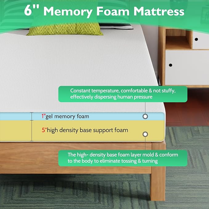 FDW Twin XL Mattress 6 inch Gel Memory Foam Mattress Medium Firm Mattresses for Cool Sleep Relieving Pressure Relief CertiPUR-US Certified Mattress in a Box