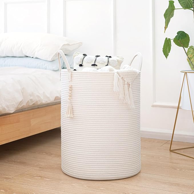 Goodpick White Laundry Basket with Handles, Tall Woven Laundry Hamper for Clothes, Towels, Pillows, Toys, Decorative Blanket Basket for Living Room, Bedroom, Playroom, 16 x 20 inches