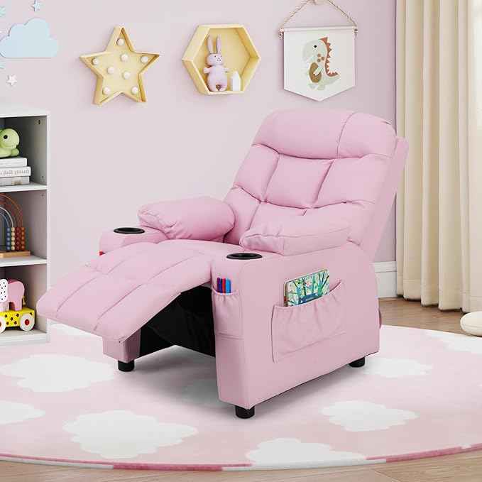 GLACER Kids Recliner Chair w/Cup Holder & Side Pockets, Children Recliner w/Comfortable Backrest, Armrests & Footrest, Toddler PU Leather Recliner for Boys Girls, 3+ Age Group (Pink)