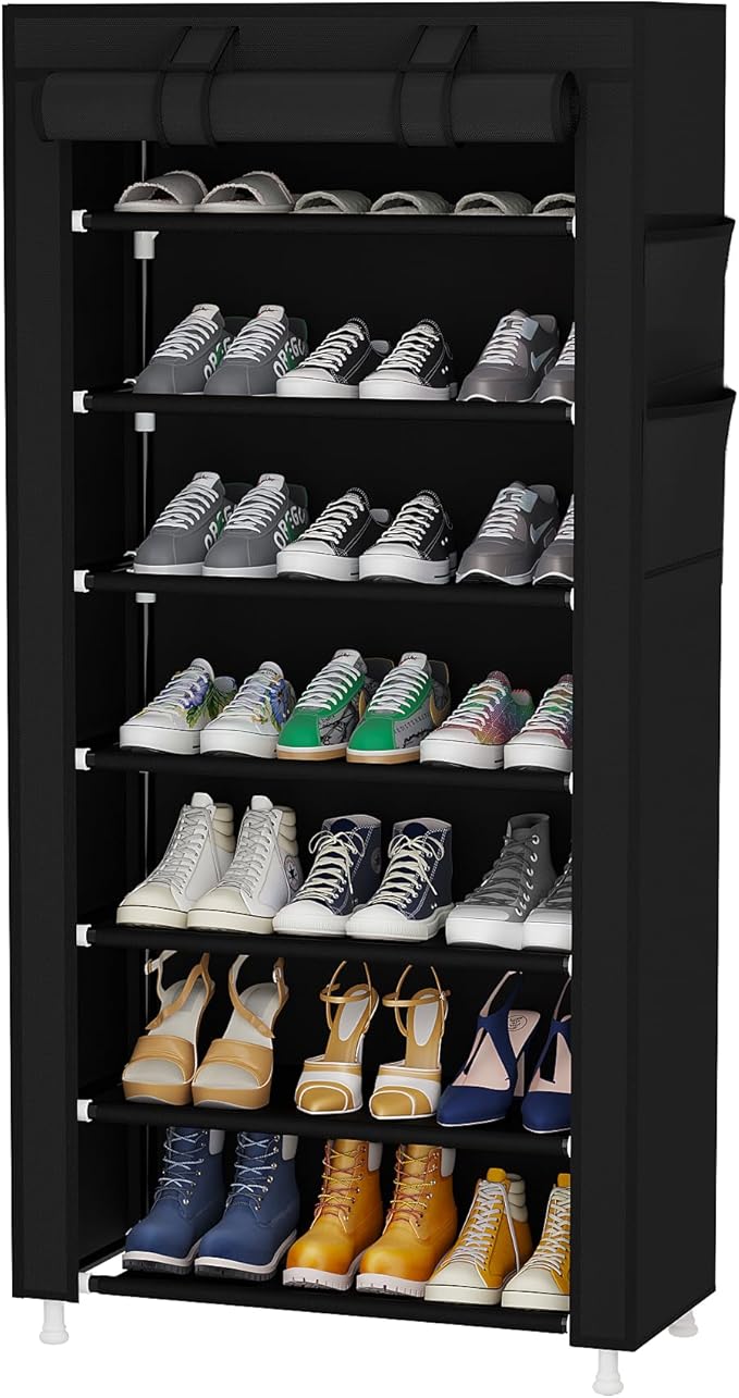Calmootey 7 Tier Shoe Rack Organizer,Portable Shoe Shelf with Nonwoven Fabric Cover for Closet Hallway,Bedroom,Entryway,Black