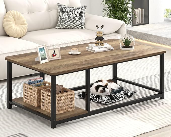 EXCEFUR Coffee Table with Storage Shelf, Modern Wood and Metal Center Table for Living Room, Rustic Oak, 47 Inch