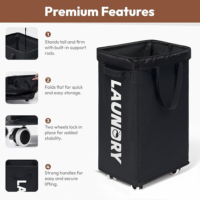 75L Rolling Laundry Basket with Wheels – Large Black Clothes Hamper with Removable Washable Mesh Bag, 600D Oxford Fabric,Lockable Wheels & Standing Rods for Upright Stability in Bedroom & Laundry Room