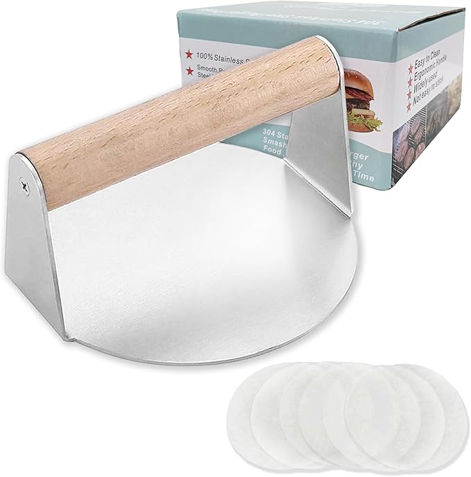 Stainless Steel Smash Burger Press Kit, Hamburger, Bacon, Steak, and Meat Smasher Tool for Blackstone, Grill and Griddle, Flat Top Patty Maker with Patty Papers
