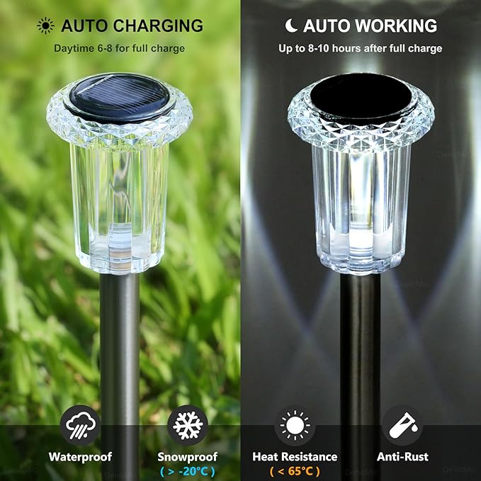 Solar Pathway Lights 10 Pack Solar Lights Outdoor Waterproof 6000K Cold White Yard Lighting, LED Stainless Steel Stake for Garden Outside Landscape Lawn Driveway Walkway Path