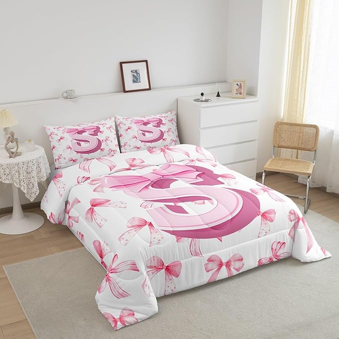 jejeloiu Kids Girls Cute Pink Bow Comforter Set Queen Size Monogrammed Bedding Set Ultra Soft Personalized Initial S Duvet Quilt Coquette Bow Knot Quilt Set Room Decor Modern Fashion Comforter