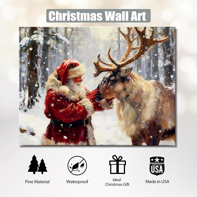Vintage Reindeer and Santa Claus Christmas Wall Art, Rustic Framed Christmas Picture for Livingroom Bedroom, Ready-to-Hang Christmas Gifts & Festive Winter Wall Decorations