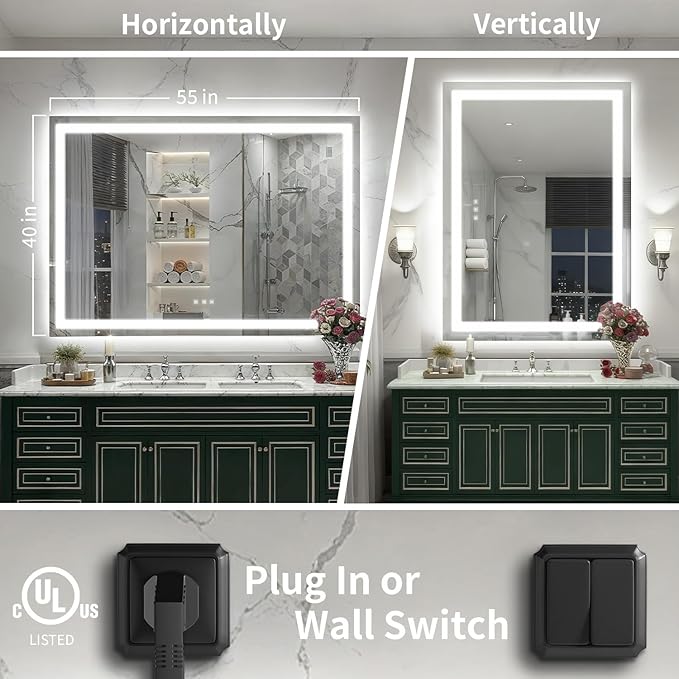 LED Mirror for Bathroom, 55x40 Inch Backlit + Front Lighted Bathroom Vanity Mirror with Lights for Wall, Double Light Strips, 3 Colors, Shatter-Proof, Anti-Fog and Brightness Memory
