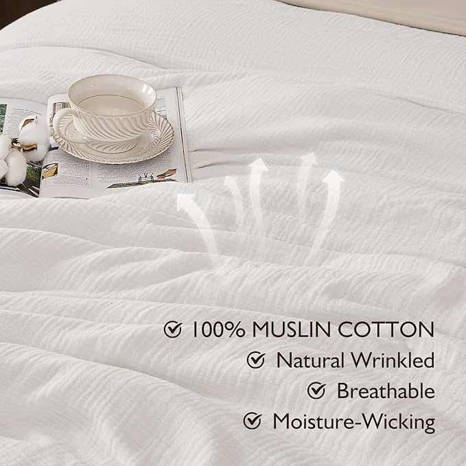 EMME Muslin Cotton Duvet Cover Set Cream White Queen Size Linen Like Soft Breathable Lightweight Summer Comforter Cover Set with Zipper Closure (Cream White, Queen, 90"x90")