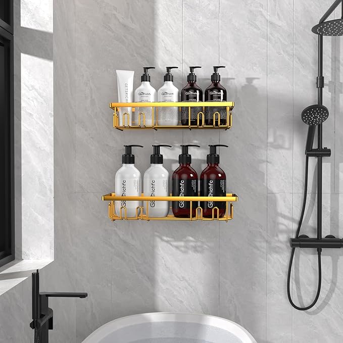 2025 New Adhesive Shower Caddy, Shower Shelves with 16 Hooks, Golden 2 Pack