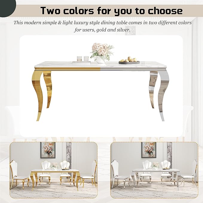 Dining Table Set for 6, 7-Piece Kitchen Table Chairs Set, Modern Dining Room Set with 70'' Marble Dinner Table and 6 Petaloid Backrest Upholstered Chairs for Kitchen, White & Gold