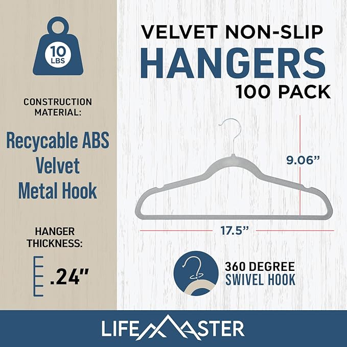 Velvet Non-Slip Hangers - 100 Pieces Non-slip Coat Hanger Set with 360° Swivel Hook, Space-Saving, Sleek Design, Keep Closet Organized, Smooth Velvet Finish, Lightweight Construction - Gray