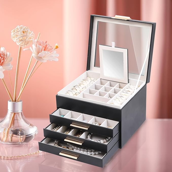 BOOVO Clear Lid Jewelry Box,4 Layers Jewelry Organizer Large Jewelry Storage Box with 3 Drawers,Jewelry Holder Organzier of Rings Earrings Necklace Bracelets for Women (Black, 4 Layer)