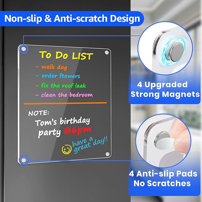 PigPotParty Clear Acrylic Magnetic Whiteboard for Fridge, 1 Pack 9.5"x12" Dry Erase Board Blank Memo to Do Shopping/Grocery List Meal Planner Chore Chart for Adult Teens Kids, w/ 8 Markers & 1 Towel