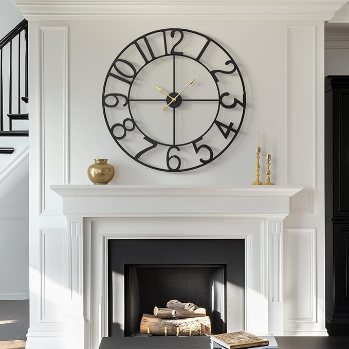 36 Inch Wall Clock, Large Wall Clock Decorative for Living Room, Arabic Numerals Non Ticking Battery-Operated Metal Round Modern Black Wall Clocks for Kitchen, Bedroom, Dining Room, Office