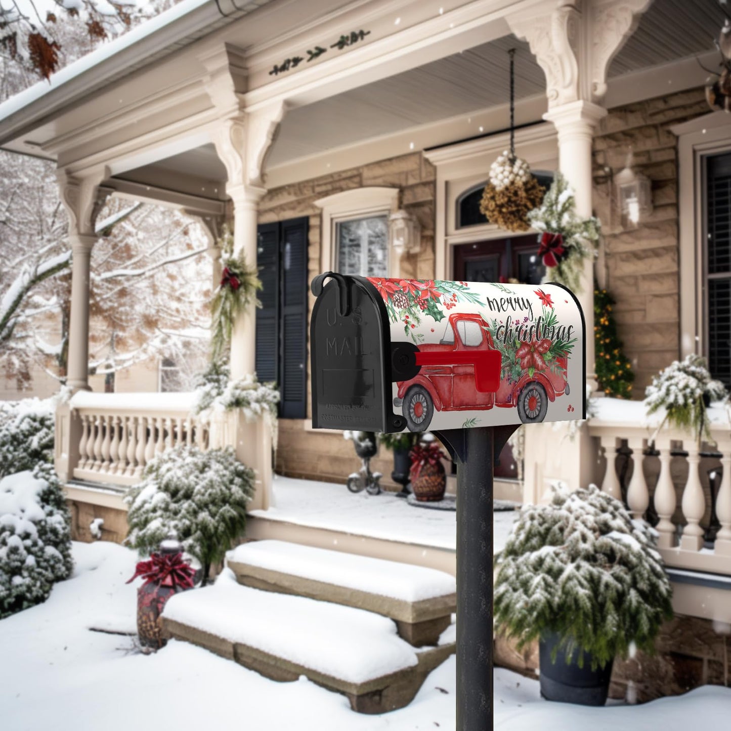 Dacawin Christmas Red Truck Mailbox Covers Magnetic 21x18 Inches Standard Size Xmas Winter Mailbox Cover Post Letter Box Wraps for Outside Garden Yard Outdoor Christmas Decorations