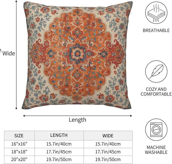 Boho Blue Orange Pillow Covers 16x16 Inch Set of 2 Fall Rustic Vintage Ethnic Carpet Floral Decorative Throw Pillows Bohemian Cushion Covers for Sofa Bed Couch Living Room Outdoor Decor