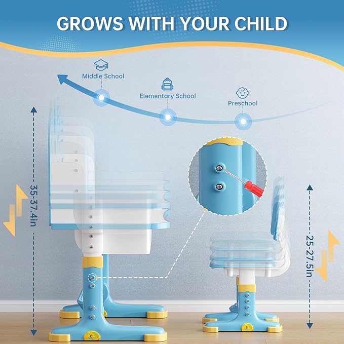 Kids Desk and Chair Set, Height Adjustable Child's School Study Writing Tables, Kids Desk with Bookstand and Storage Drawer, Widened Desktop with Desktop for Boys and Girls