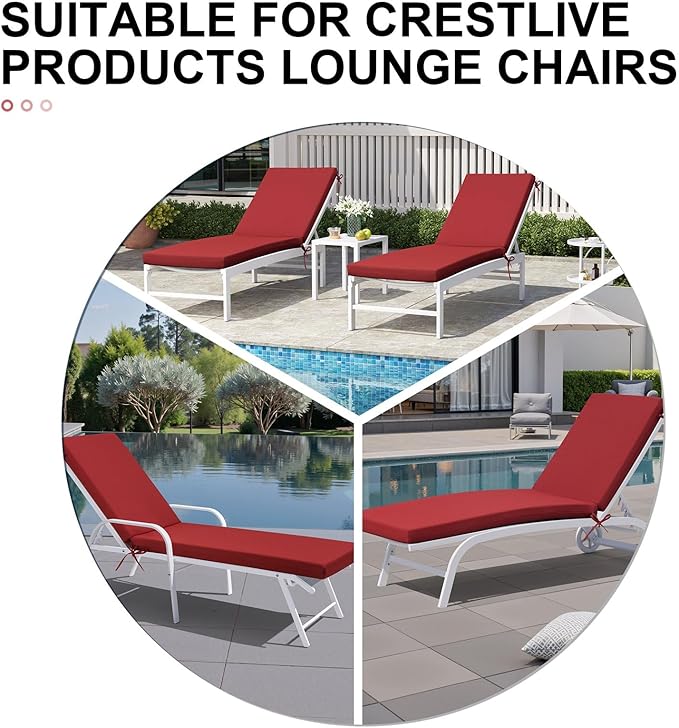 Crestlive Products Chaise Lounge Cushions Outdoor Set of 2, Lounge Chair Cushions for Patio Furniture, Water Resistant Lounger Cushions for Pool, Deck, Lawn, 72''L x 21''W x 3''T, Chili