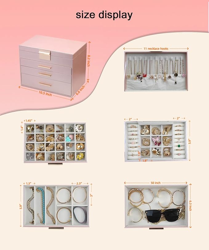 BOOVO Jewelry Boxes for Women, 5 Layer Jewelry Organizer with Necklace Hanger and Drawers, Large Jewelry Box for Earrings, Necklace and Bracelet Storage Gifts for Women and Girls (Rose Gold, 5 Layer)