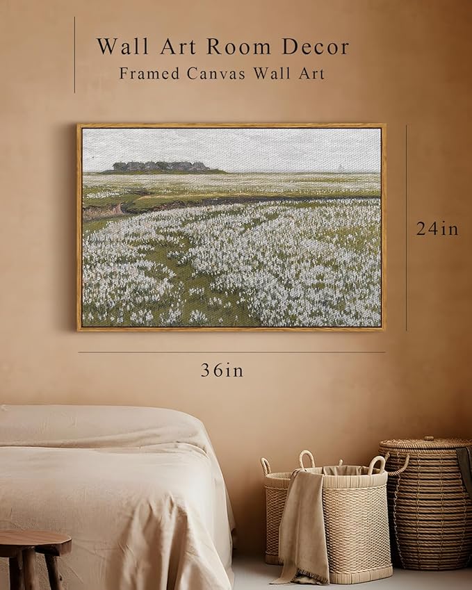 InSimSea Framed Canvas Wall Art Vintage Decor, Classical Grassland Paintings Large Wall Art, Meadow Full of Flowers Wall Hanging Decor for Living Room Farmhouse Bathroom, 24"x36"