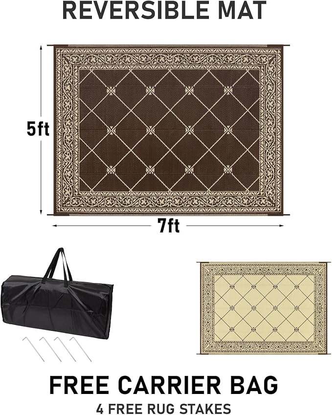 HiiARug Reversible Outdoor Rug 5'x7' Plastic Straw Rugs for Patios RV Camping Mat Reversible Mats Large Floor Mat for RV Outside, Backyard, Deck, Picnic, Beach, Trailer, Camping