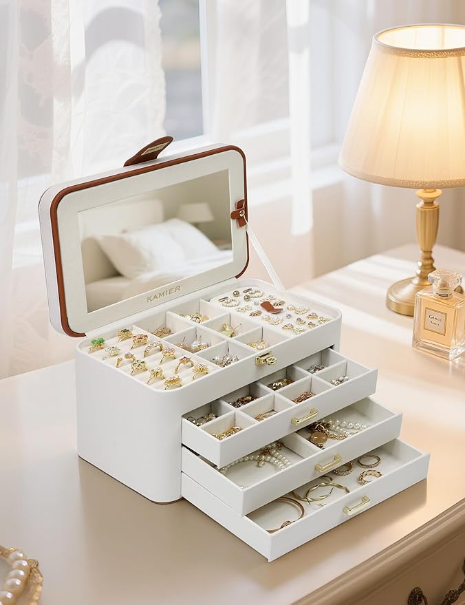 KAMIER Jewelry Boxes for Women, 4 Layer Jewelry Organizer with Mirror, 3 Drawers, Jewelry Storage Box, Christmas Gift, for Earring, Necklace, Bracelet, Ring, White
