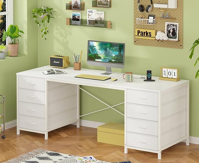 60 Inch Computer Desk with 8 Drawers, Home Office Desk with Power Outlets, Work Study Gaming Desk with 8 Fabric Drawers, White