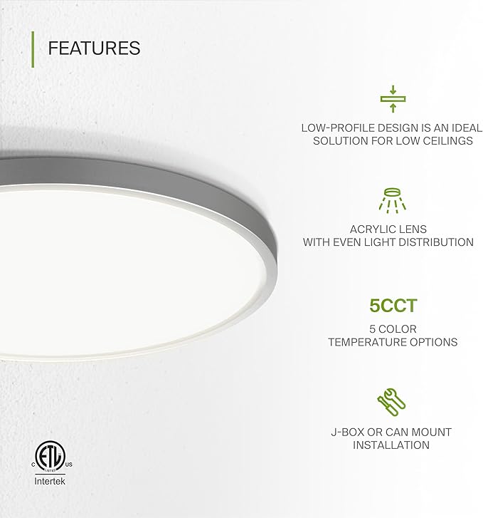 ASD LED 12" Round Flush Mount Ceiling Light Fixture, Low Profile Surface Lighting | 5CCT, Dimmable, Ultra-Thin, ETL Listed | 24W 1900LM 2700-6000K 120V | Kitchen, Bedroom, Hallway Lamp | Nickel