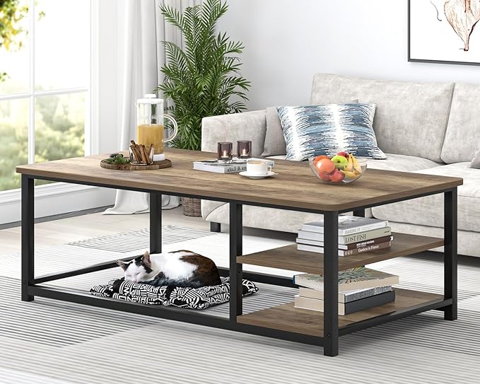 EXCEFUR Coffee Table with Storage Shelf, Modern Wood and Metal Center Table for Living Room, Rustic Oak, 47 Inch