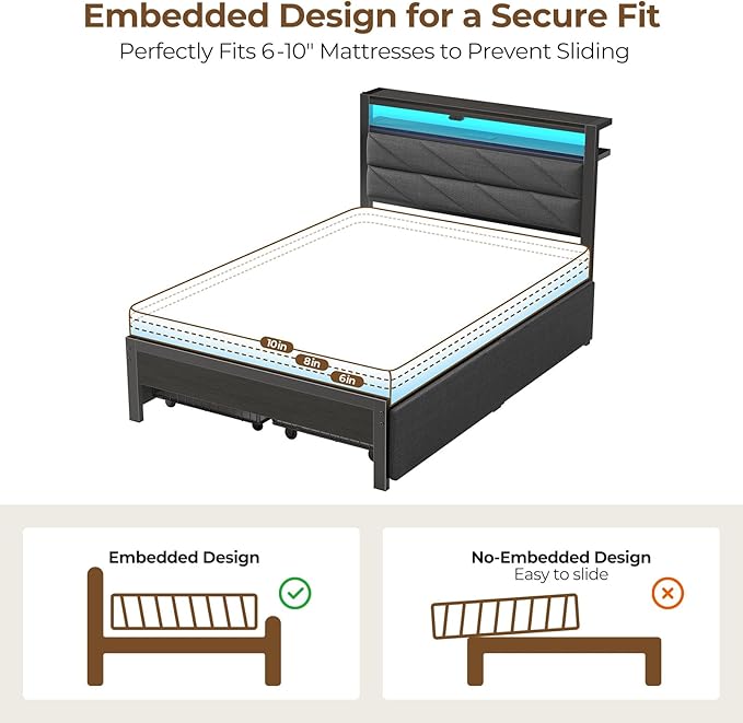 Seventable Twin Bed Frame with 4 Storage Drawers, Charging Station & LED Lights, Upholstered Headboard with 2-Tier Shelves, Metal Platform Bed, No Box Spring Needed, Noise-Free, Grey
