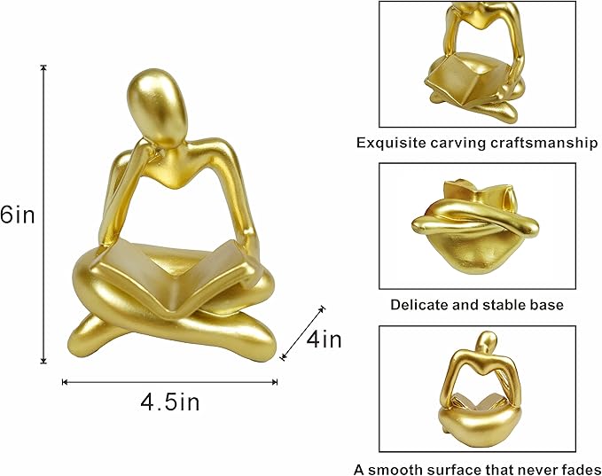 Gold Decor Thinker Statue Reading Women Figurine Abstract Art Sculpture Home Decor Modern Gold Decor Accents Golden Thinker Figurines for Living Room Shelves Bookshelf Office Shelf Desktop