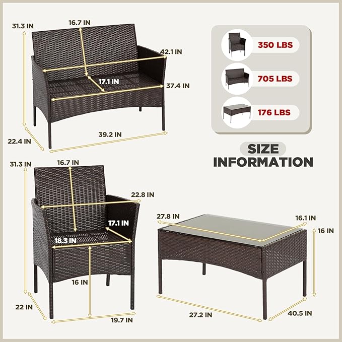 FDW | 4-Piece Patio Furniture Set | Brown & Blue | Outdoor Wicker Furniture with Coffee Table | Modern Rattan Chairs Conversation Set | Outdoor Seating | Weather-Resistant | for Porch, Garden, Lawn