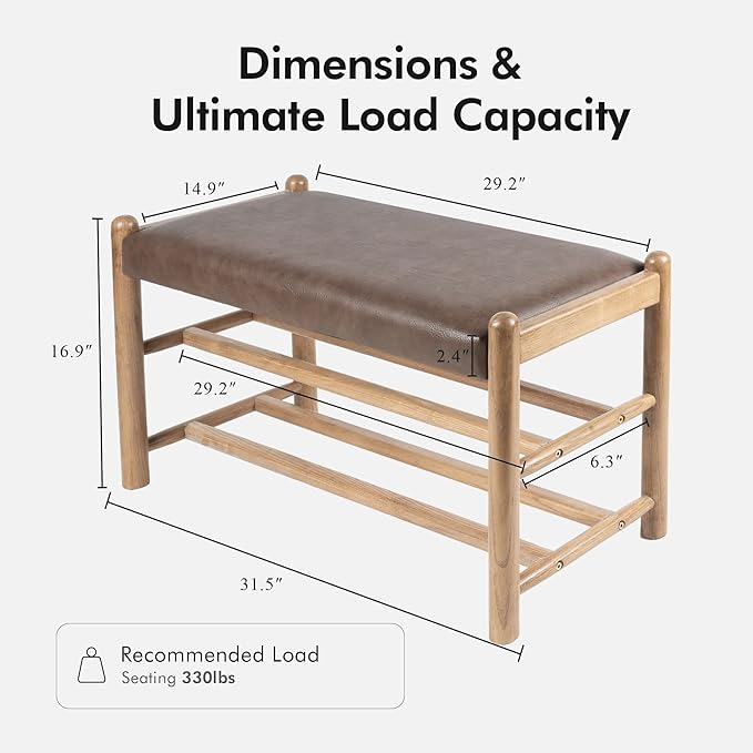 Solid Wood Entryway Bench with Shoe Storage, Rustic Oak Wood and PU Leather 31.5 Inch Long Seating for Living and Dining Rooms, 3-Tier Brown