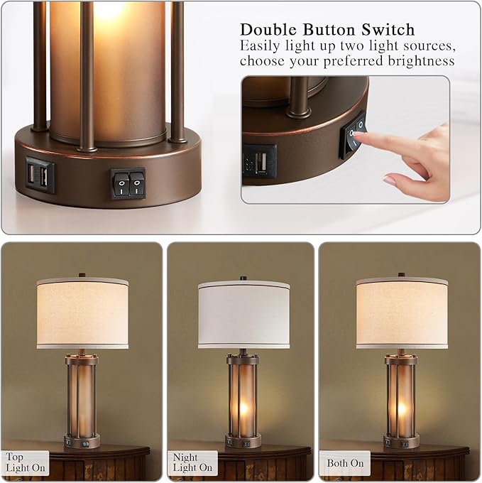 Set of 2 Farmhouse Table Lamps for Living Room with 2 USB Charging Ports, Vintage Rustic Nightstand Lamps with Amber Glass Nightlight, Retro Desk Lamps for Bedroom Entryway, 4 Bulbs Included (Brown)