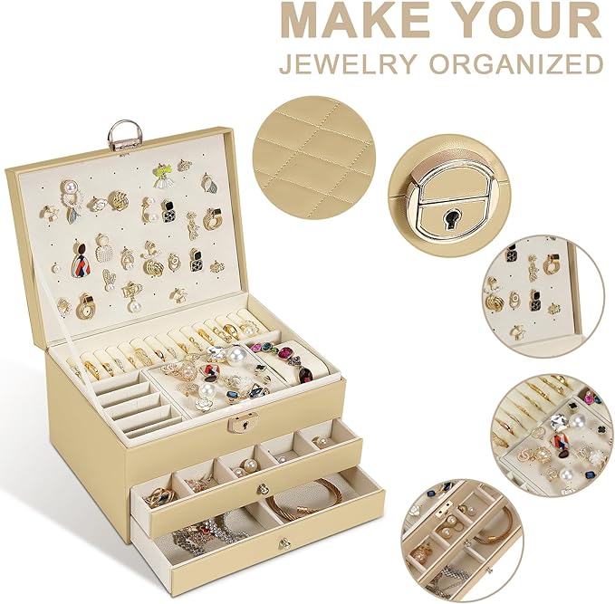 3-Layer Jewelry Box for Women, Earing Holder Jewelry Organizer and Storage with Removable Tray, Vintage Quilted Top Lockable Holder Gift Idea Champagne