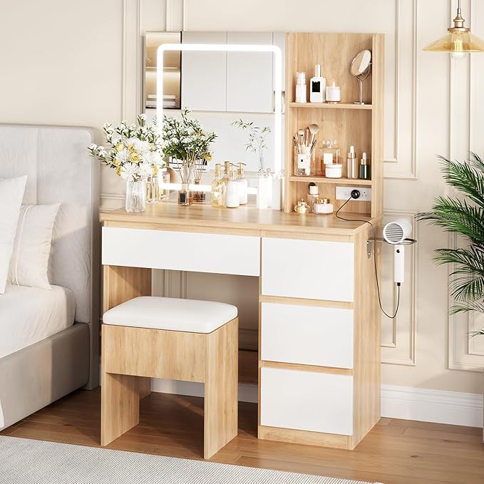 Vanity Desk with Mirror and LED Light, Vanity Desk with 4 Drawers, Power Outlet, Storage Stool, Storage Shelves & Hair Dryer Holder, Adjustable 3 Lighting Mode, Makeup Vanity Set for Bedroom, Natural