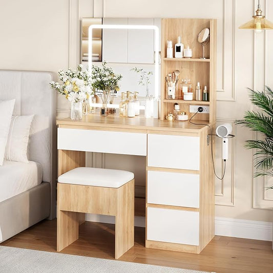 Vanity Desk with Mirror and LED Light, Vanity Desk with 4 Drawers, Power Outlet, Storage Stool, Storage Shelves & Hair Dryer Holder, Adjustable 3 Lighting Mode, Makeup Vanity Set for Bedroom, Natural