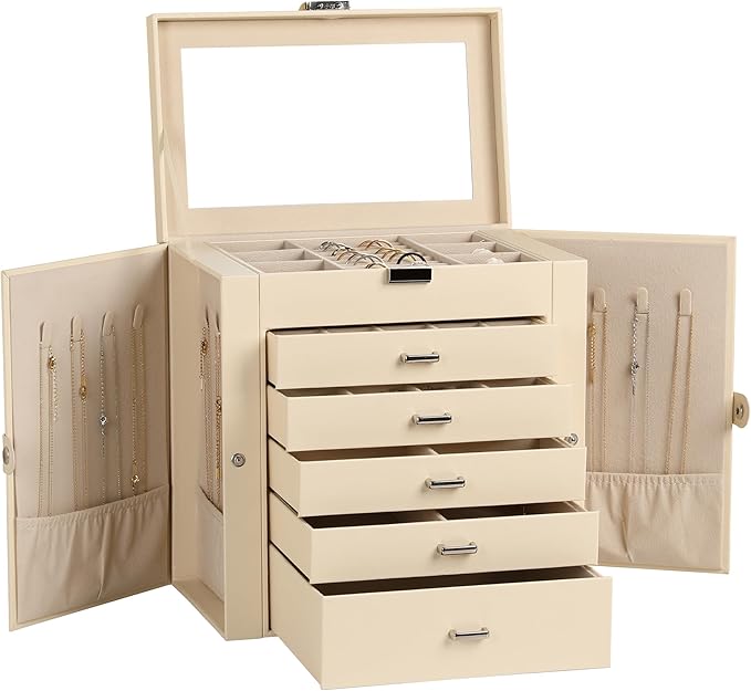 Frebeauty Large Jewelry Box,6-Tier PU Leather Jewelry Organizer,Multi-functional Storage Case with Mirror,Accessories Holder with 5 Drawers for Necklace Bracelets Watches(Beige)