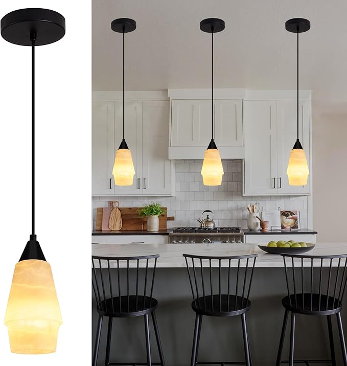 Natural Alabaster Pendant Lights Kitchen Island, H-7.87in White Pendant Light Fixtures, Light Pendant Marble Shade, for Bedroom Bathroom Dining Room Living Room