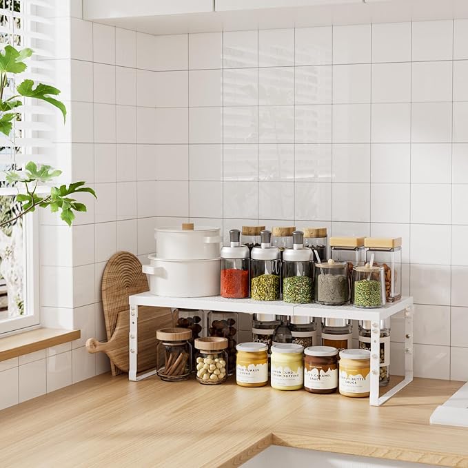 Cabinet Shelf,Expandable Adjustable Stackable Kitchen Organizer,for cabinets, Kitchens, countertops, bathrooms Shelf Organizer(1Pack/White,Large)